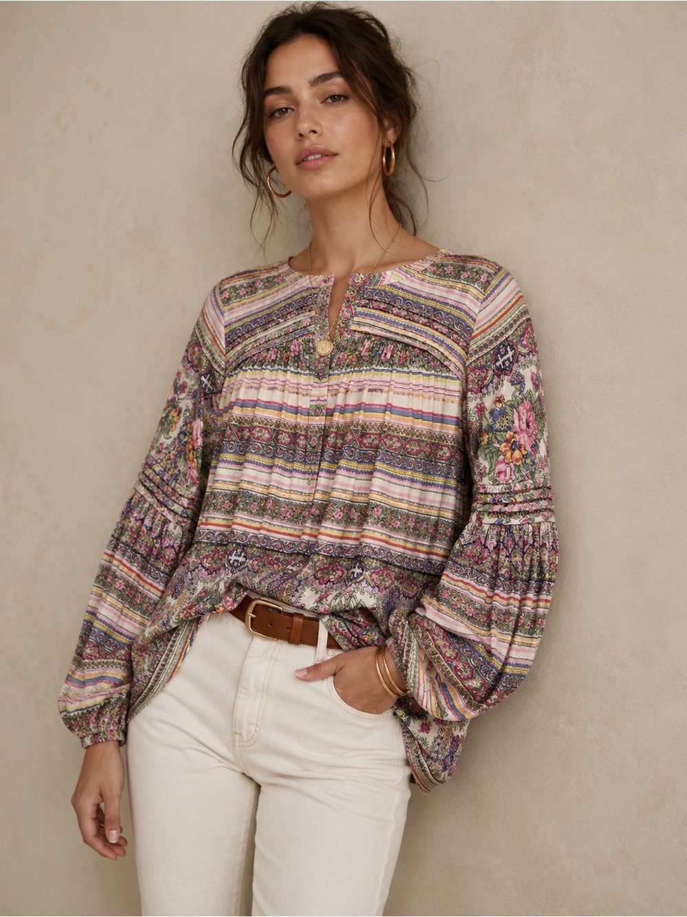 Anthropologie Floral Striped Peasant Blouse in Pink, Green, Cream  minimalistic.